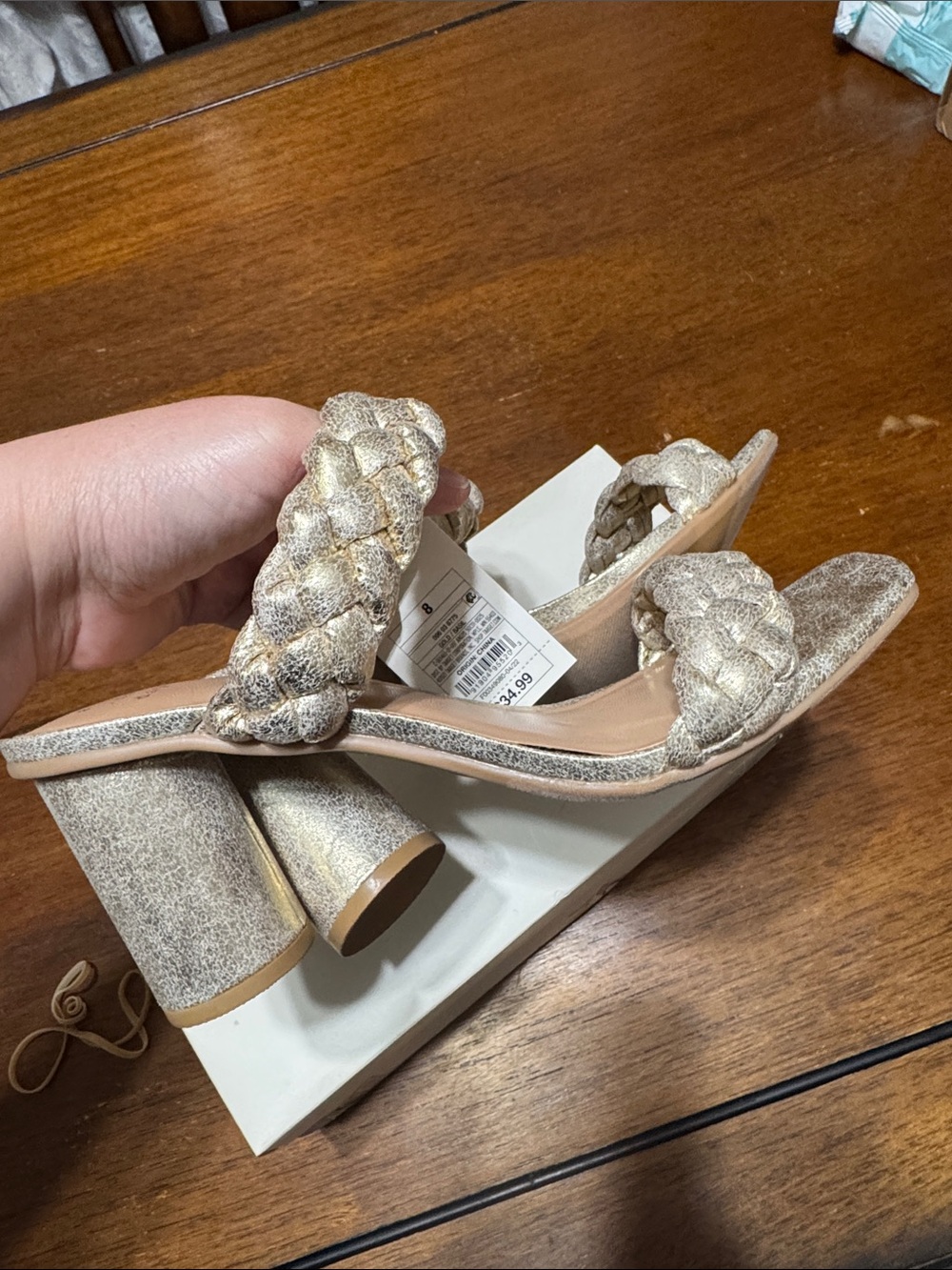 NWT & Box A new day Metallic Gold Braided Double-Strap Heeled Sandals - Picture 3 of 6